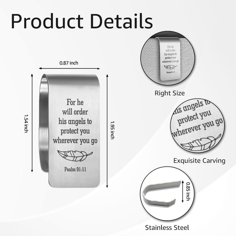 PUVOXHO for He Will Order His Angels to Protect You Wherever You Go Engraved Stainless Steel Car Visor Clip, Psalm 91:11 Sign, Funny Religious Gifts for Women Men Family Friend, New Driver Gifts - Image 1